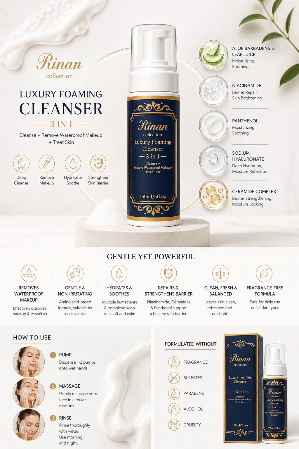Rinan Luxury Foaming Cleanser – 3 in 1 Makeup Removing & Skin Care Cleanser