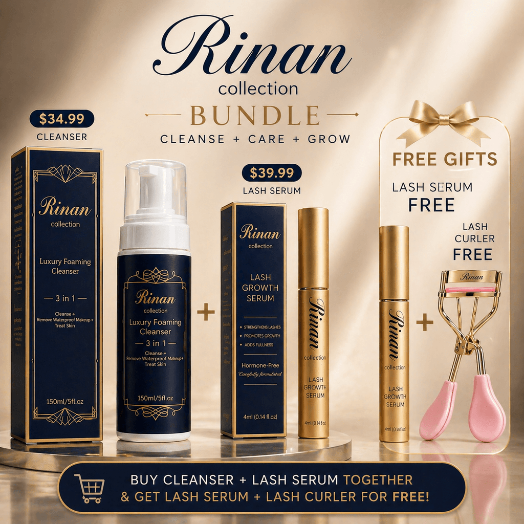 beauty bundle with lash serum and curler including foaming cleanser and lash growth serum.